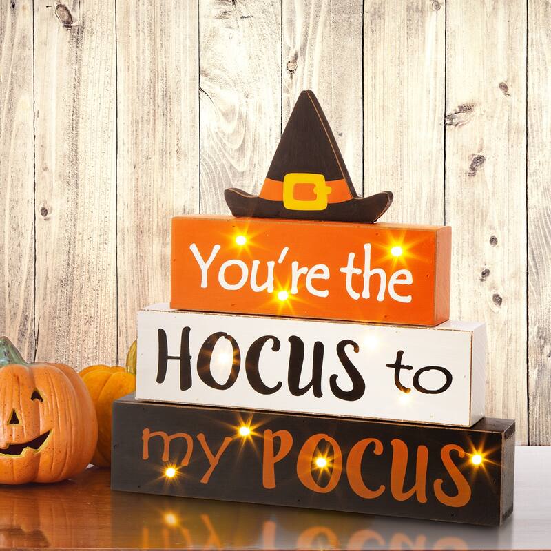 Glitzhome 11.75"H Halloween Wooden Lighted Witch Word Block Table Decor