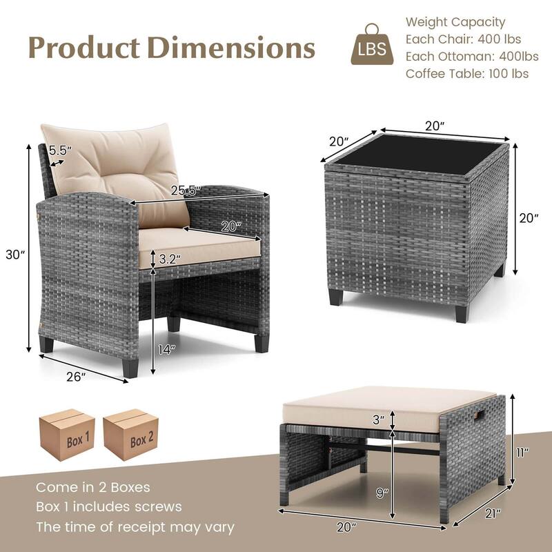 Costway 5 Piece Patio Rattan Furniture with 2 Ottomans & Tempered - See Details