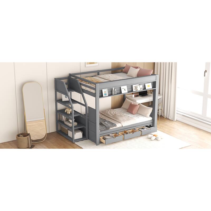 Roomfitters Full Size Convertible Bunk Bed with Storage Staircase and Bedside Table, Gray