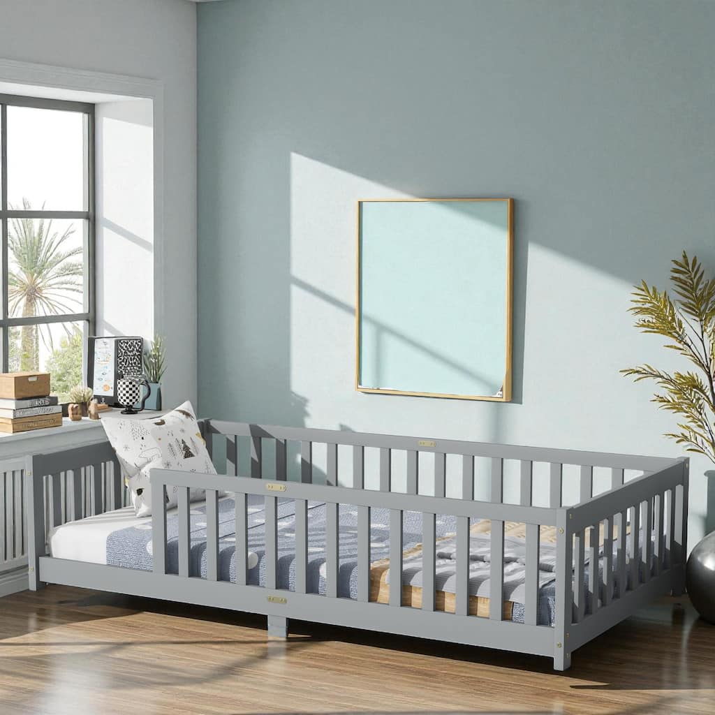 Twin Size Wooden Floor Bed with Fence, Solid Rubber Wood Montessori Bed Frame with Safety Guardrails for Kids