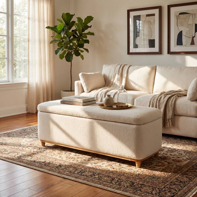 Christopher Knight Home - Modern Aero Upholstered Storage Ottoman Bench with Solid Wood Legs and Lift-Top Storage - Ivory+Boucle