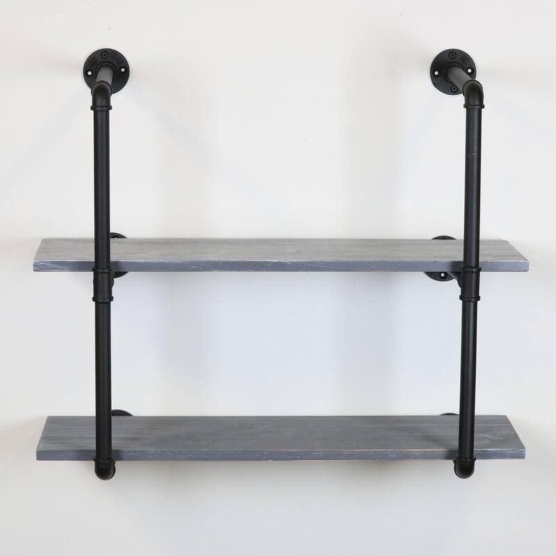 Weathered Grey Floating Wooden Bookshelves with Black Metal Pipe 2-level Frame