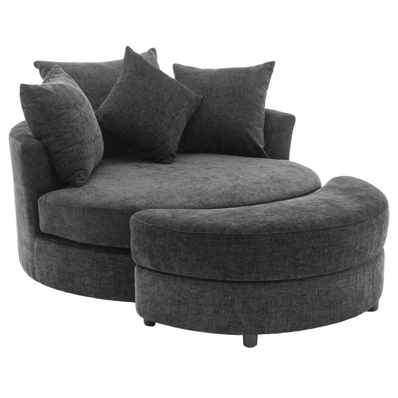 360° Swivel Accent Barrel Chair with Storage Ottoman & 4 Pillows, Modern Chenille Leisure Chair Round Accent