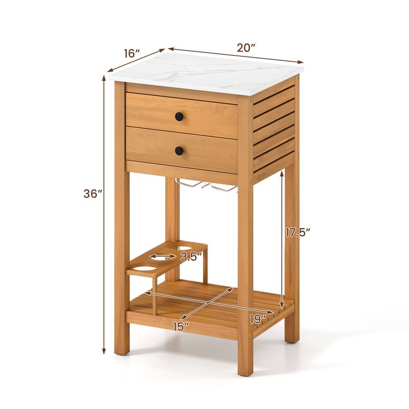 Natural Acacia Wood Resin Outdoor Buffet Cabinet with Faux Marble Top and Storage - 20" x 16" x 36"