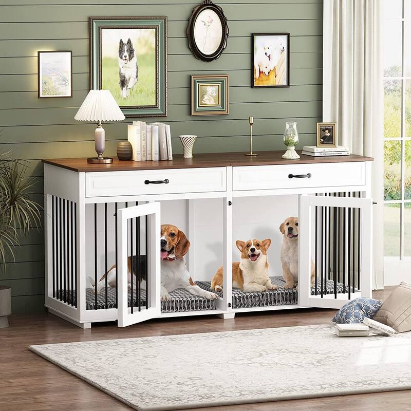 Spacious Dog Crate Furniture w/Convenient Drawers Dog Kennel Solution - 64.6" - White