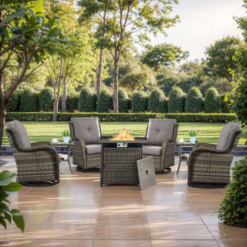 Pocassy Fire Pit Table with Sofa Swivel Chairs Set - Grey Wicker Gray Cushion - 7 Pieces Swivel Chair with Fire Table