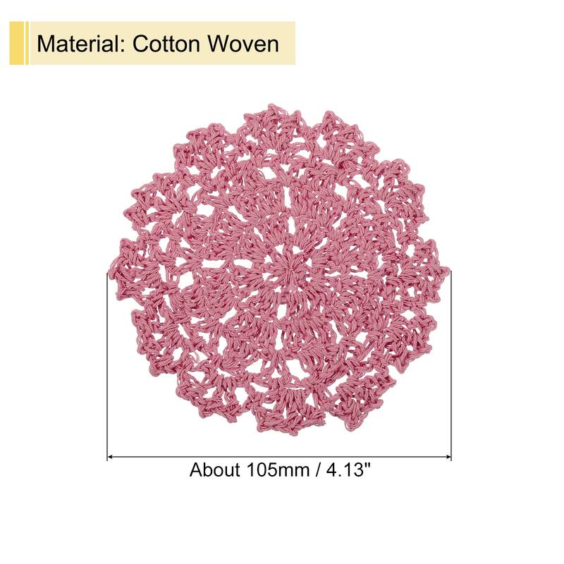 Fabric Coasters, 4pcs 4" - Cotton Woven Crochet Doilies with Floral - 105mm - Leather Pink