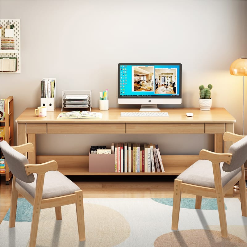 Wooden Desk and Chair Set, Extra Long Computer Desk 2 Person Desk, Double Office Desk
