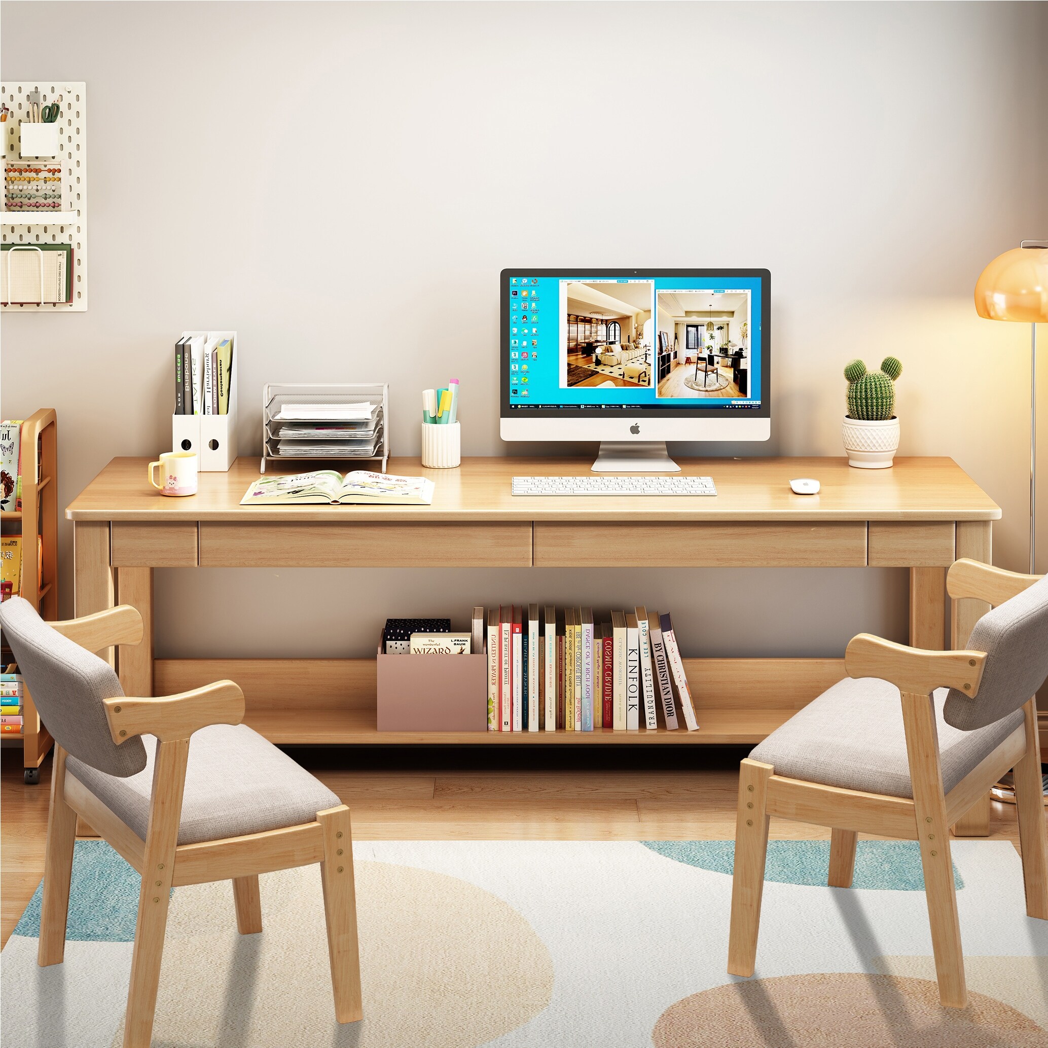 Wooden Desk and Chair Set, Extra Long Computer Desk 2 Person Desk