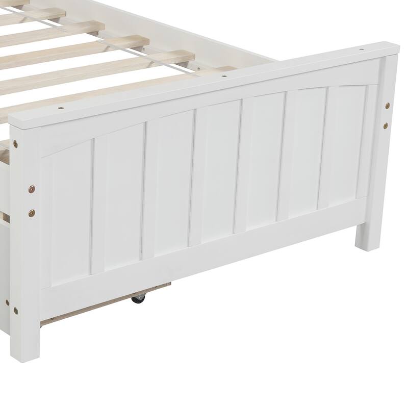 Twin Size White Platform Bed with Two Drawers, Sturdy Pine Wood Frame