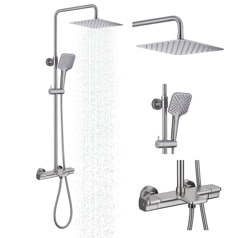 3-Spray Patterns Tub Wall Mount Dual Shower Heads Thermostatic Shower Faucet - 9.8" x 9.8"