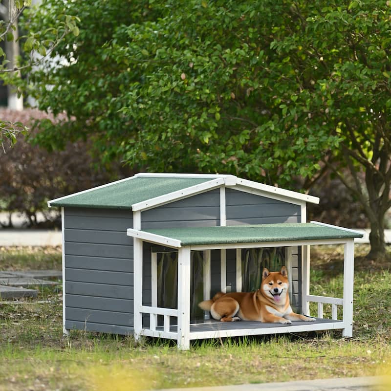 Outdoor Wooden Elevated Dog House Pet House with Porch, 2 Doors, Ventilated, Waterproof, Suitable for Small and Medium Dogs - Grey