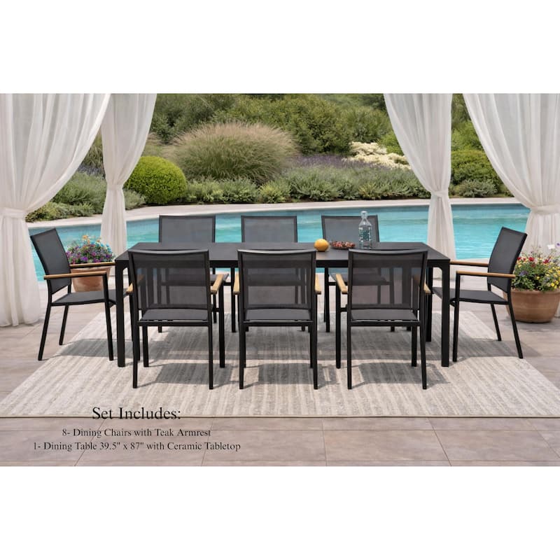 Quay Dark Grey 9-Piece Aluminum Outdoor Dining Set with Tribeca with Ceramic Glass Table Top - N/A