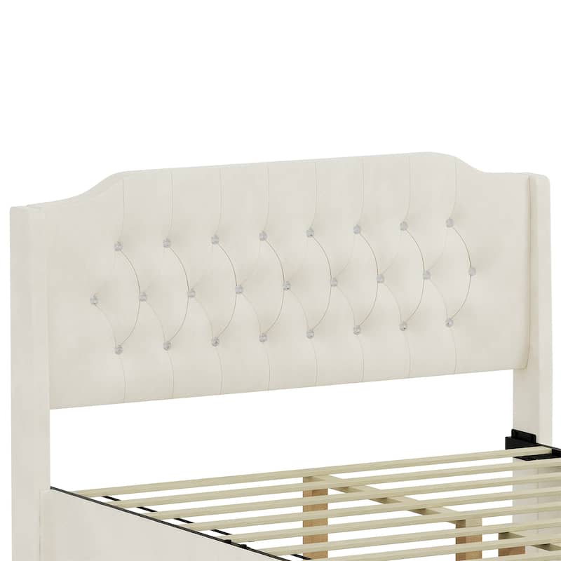 Queen Size Tufted Upholstered Bed Frame with Wingback Headboard and Under-Bed Storage Space