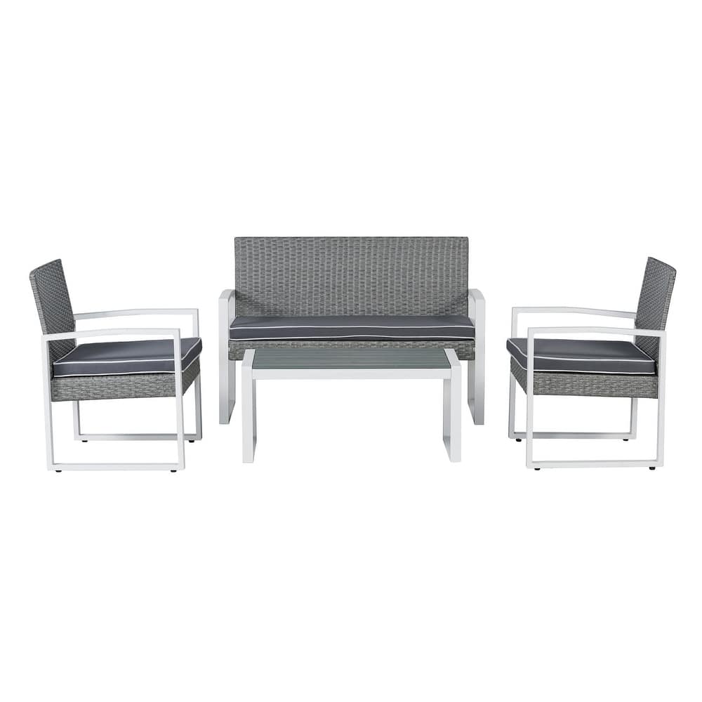 Thom 4-Piece Modern Coastal Faux Wicker Conversation Outdoor Patio Set, by JONATHAN Y