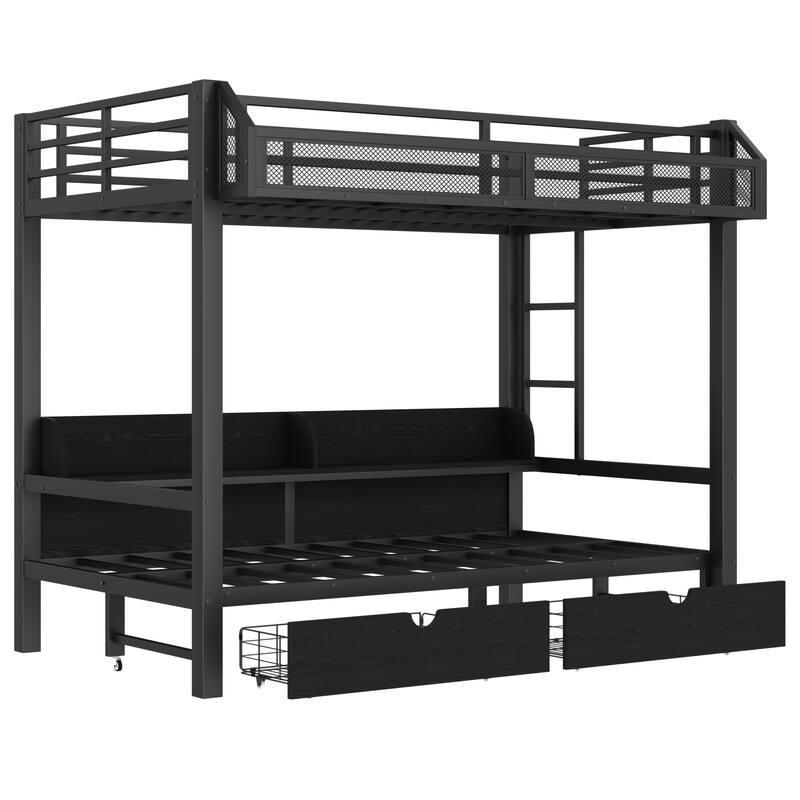 Twin XL over Twin XL Bunk Bed with Storage Shelves and Drawers,Multifunctional Metal Bunk Beds with USB Ports and LED Lights