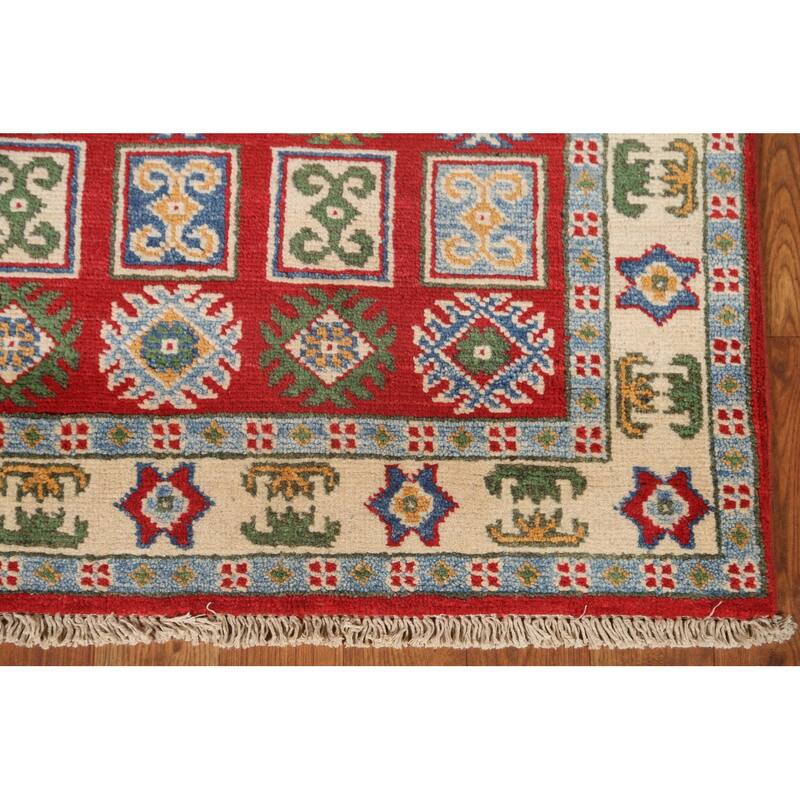 Red Geometric Traditional Kazak Oriental Wool Runner Rug Hand-knotted - 2'9" x 9'4"