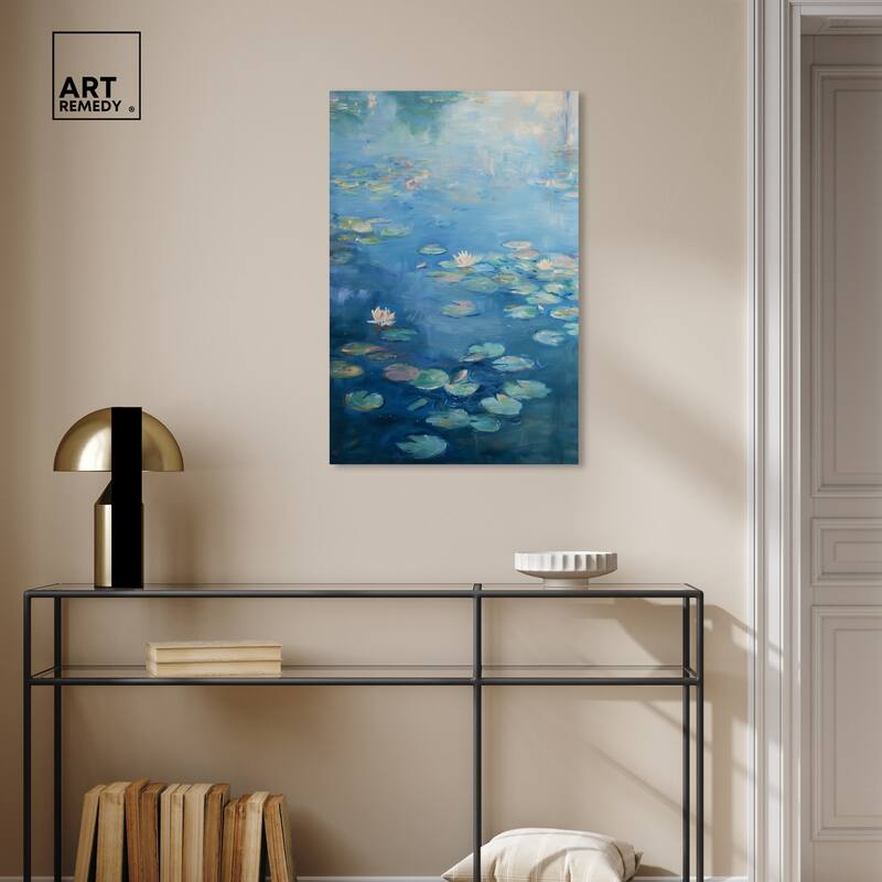 Art Remedy Lilypads In Blues Gallery Wrapped Impressionism 1 Piece Canvas Wall Art /Monet And Van Gogh Inspired Art