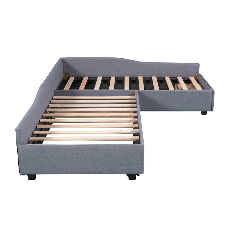 L Shaped Daybed with Trundle, Double Twin Linen Upholstered Sofa Bed Frame w/Storage Drawer, 3 Beds in One, No Box Spring Needed