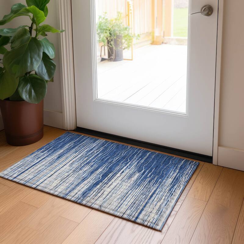 Machine Washable Indoor/ Outdoor Modern Stripe Chantille Rug - Navy - 1'8" x 2'6"