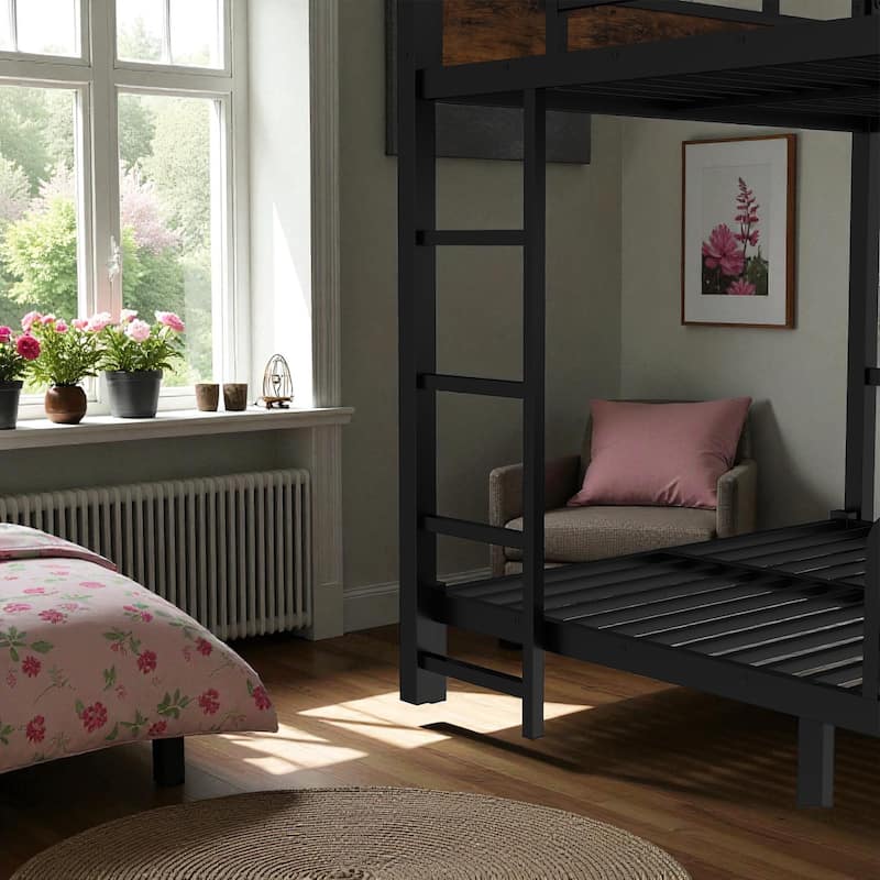 Queen over Queen Metal Bunk Bed Frame with Guardrails, Convertible Loft and Platform Beds, Noise-Free Design
