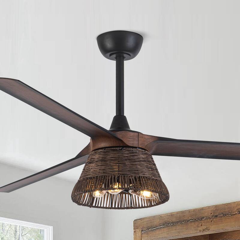 60" Natural 3-Blade Rattan LED Ceiling Fan with Remote and Light Kit
