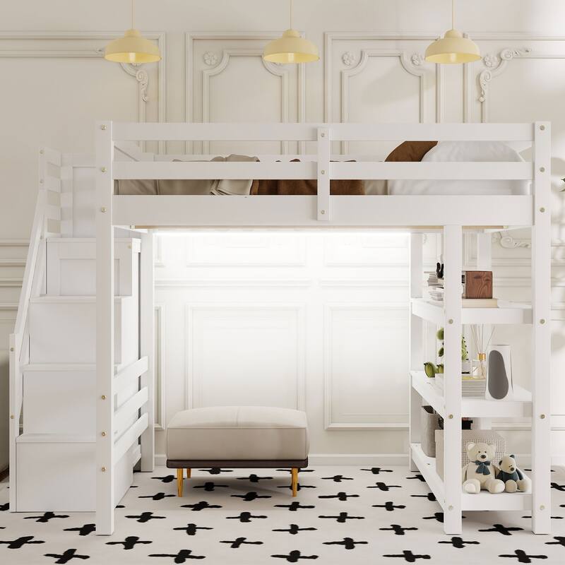 Twin/Full Size LED Loft Bed with Storage Staircase and Wardrobe, Solid Pine Wood High Loftbed Frame with 4 Layer Storage Shelves - White - Full