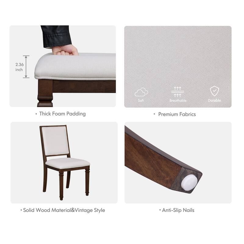 Farmhouse Dining Chair and Bench Set, Solid Wood Upholstered Armless Chair and Dining Bench with Turned Legs