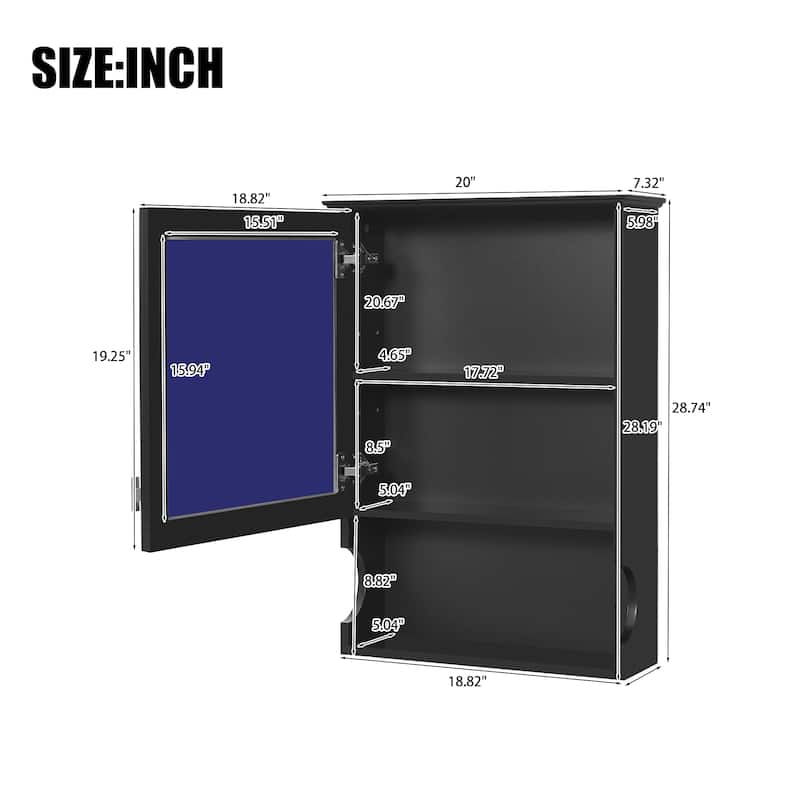 20''Wall Mounted Bathroom Storage Cabinet with Mirror,Wall Mounted Home Storage with Door,Mirrored Wall Medicine Cabinet
