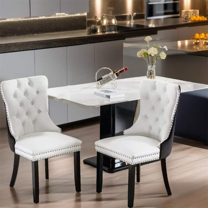 Velvet Upholstered Dining Chair with Wood Legs and Nailhead（Set of 2) - N/A