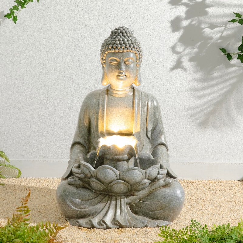 Glitzhome Polyresin Meditating Buddha Frog/Elephant Statue Outdoor Water Fountain with LED Lights