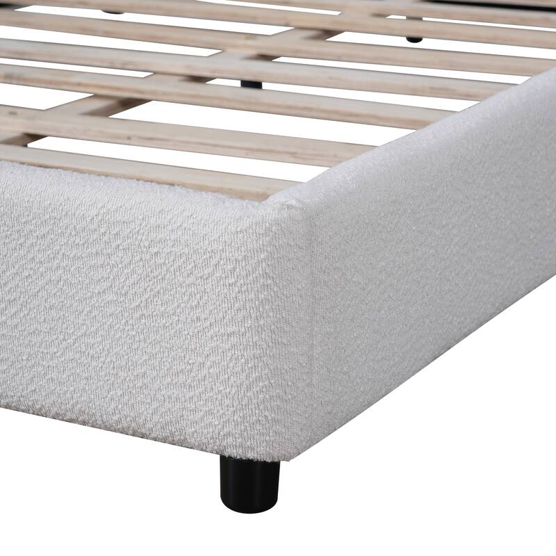 Roomfitters Queen/Twin Size Boucle Upholstered Platform Bed with Round Curved Headboard, Modern Bedroom Style, White