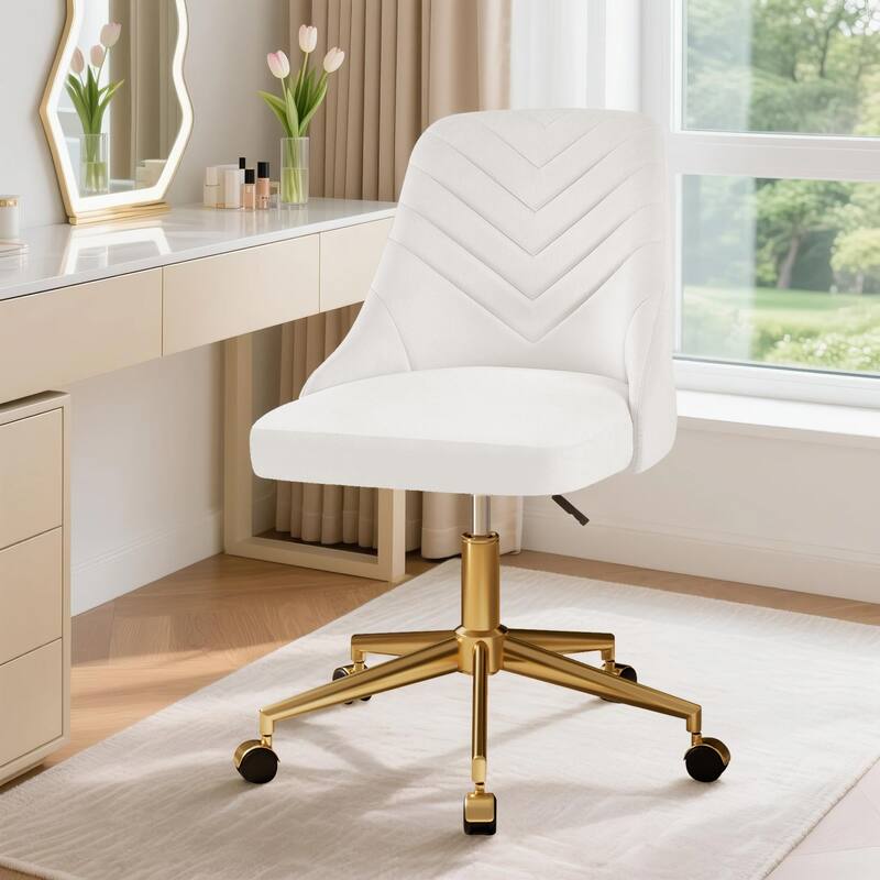 Javlergo Velvet Desk Chair with Height Adjustable Gold Base Swivel Office Chair for Office Living Room Bedroom Make Up - White