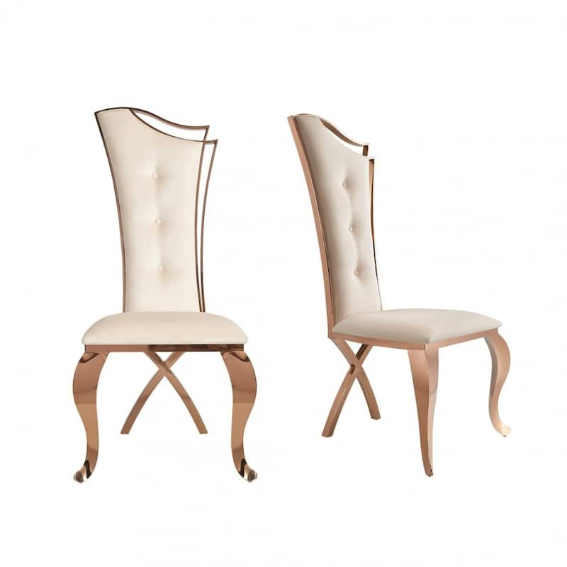 Set of 2 Tufted Beige Velvet Dining Side Chairs with Rose Gold Legs - 22” x 22” x 48” - Beige-Rose-Gold