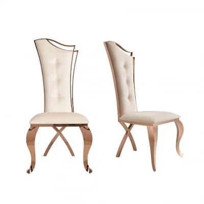 Set of 2 Tufted Beige Velvet Dining Side Chairs with Rose Gold Legs - 22” x 22” x 48”