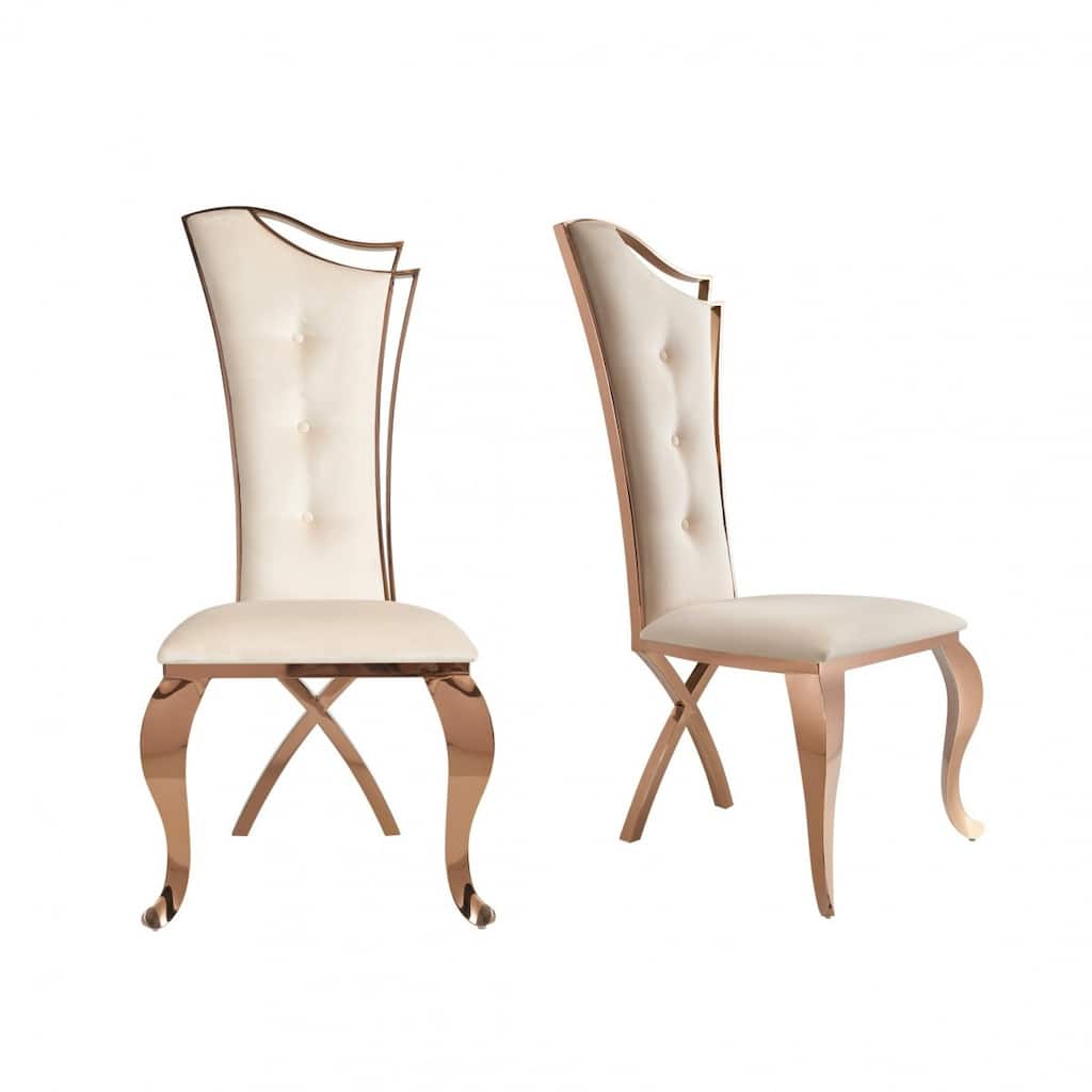 Set of 2 Tufted Beige Velvet Dining Side Chairs with Rose Gold Legs - 22” x 22” x 48”
