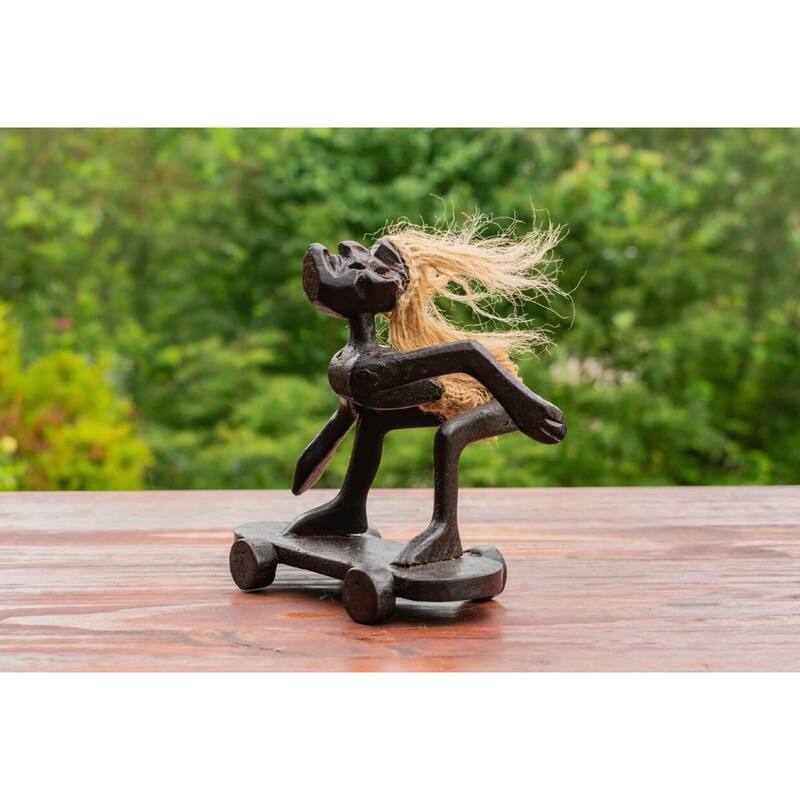 Handmade Wooden Primitive Tribal Skateboarding Funny Statue Sculpture Tiki Bar Handcrafted Unique Home Decor Figurine