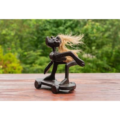 Handmade Wooden Primitive Tribal Skateboarding Funny Statue Sculpture Tiki Bar Handcrafted Unique Home Decor Figurine