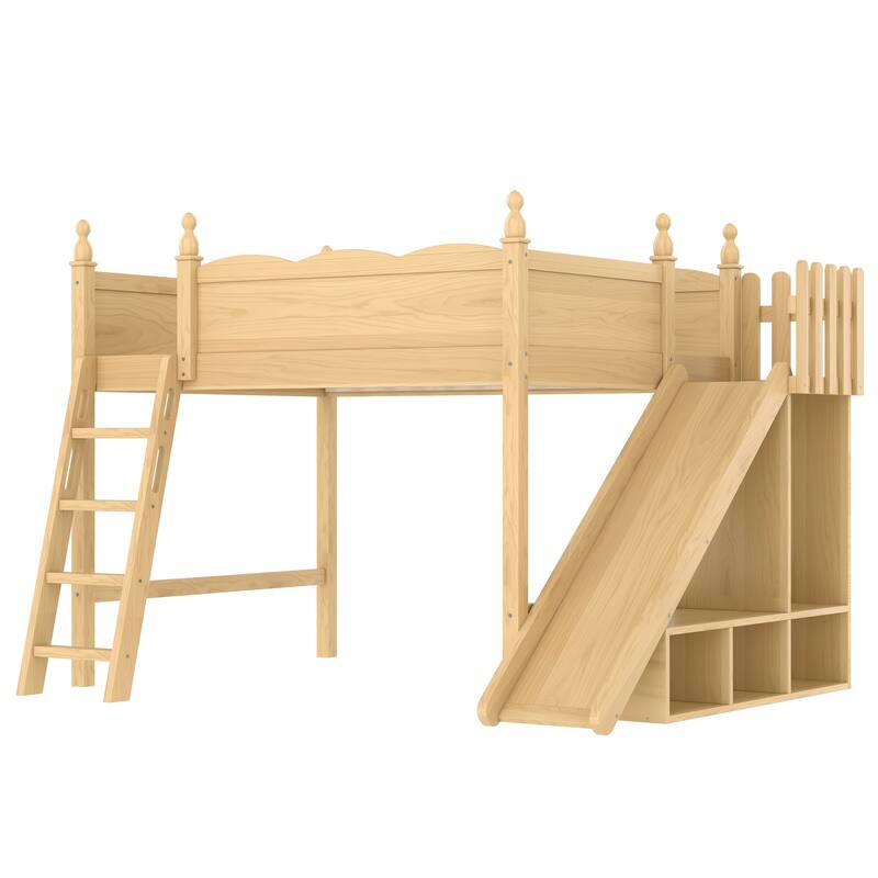 Fun Play Loft Bed for Kids with Open Shelves and Wardrobe, Solid Wood Storage Bed Frame with with Detachable Slide and Ladder