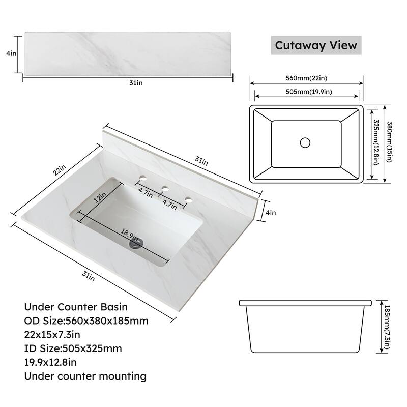 Durable 31-Inch Vanity Top with Pre-Drilled Faucet Hole, Carrara White Marble Style - 31.02in L