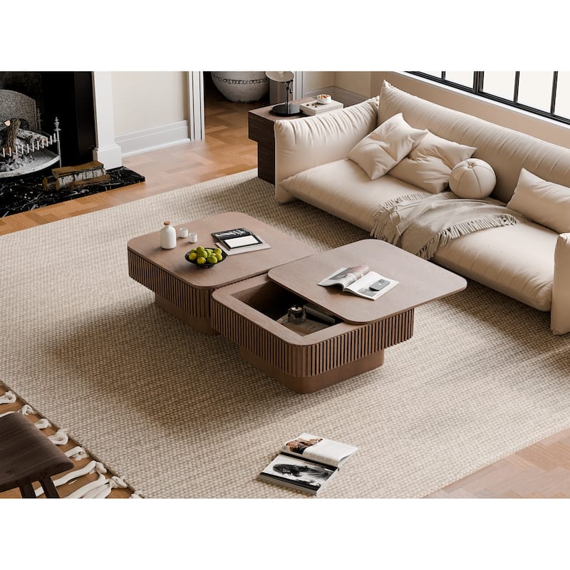 Modern 31.5" Square Coffee Table with Storage Solid Wood Veneered Accent Table for Living Room or Bedroom