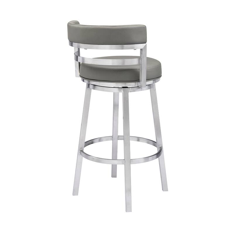 Silver Brushed Iron Frame Swivel Bar Stool with Faux Leather - 21” x 20” x 39” (D x W x H)