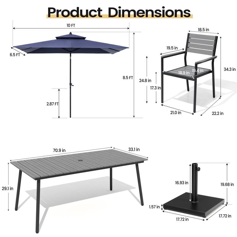 9PC Outdoor Patio Dining Set Wood-Like Aluminum Umbrella Hole Table with Stackable Armchairs,Double Top Market Umbrella and Base