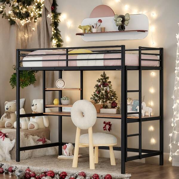 slide 2 of 14, Modern Style Twin Metal Loft Bed with Desk, Shelve, 4-step Ladder and Guardrail, Creative Structure & Good Stability, Espresso Espresso