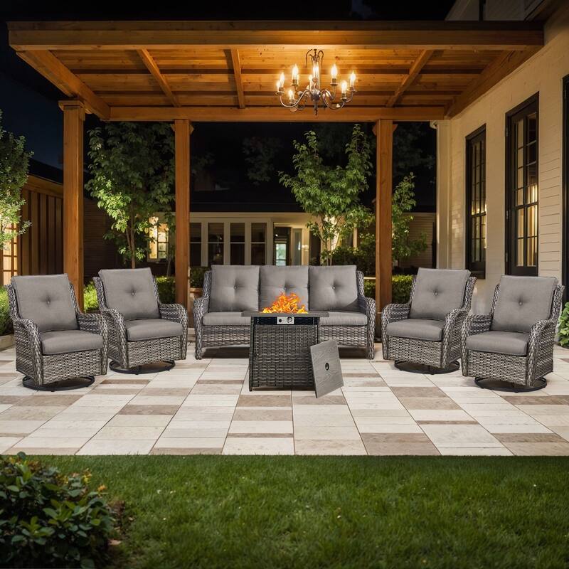 Pocassy Fire Pit Table with 3-Seat Sofa and 4 Swivel Chairs - Grey - Grey