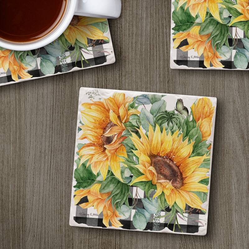 Counterart Absorbent Stone Coasters - Sunflower Fields - Set of 4 - 4x4x1.230