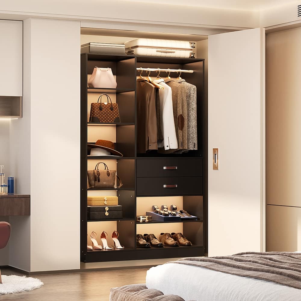 Navada 40'' W Large Closet Organizer with Tower Shelves, Freestanding Closet System with Drawers and Hanging Rods