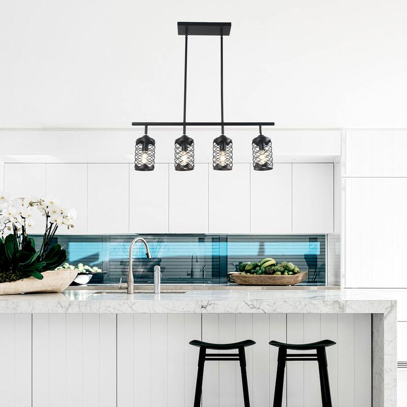 CurveCurio 30" Matte Black Modern Industrial Light w 4 Adjustable Heads for Kitchen Island and Dining Area - 27" * 10" * 40"