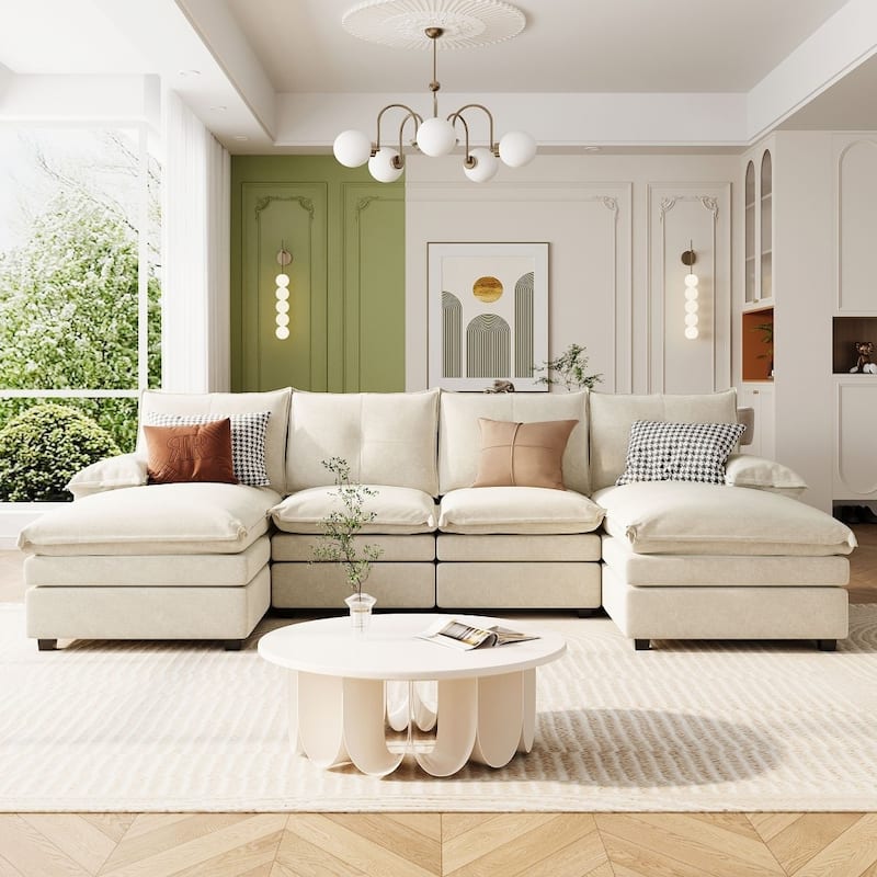 Modern Chenille U-shaped Sectional Sofa with Adjustable Armrest Pillows for Living Room - Beige