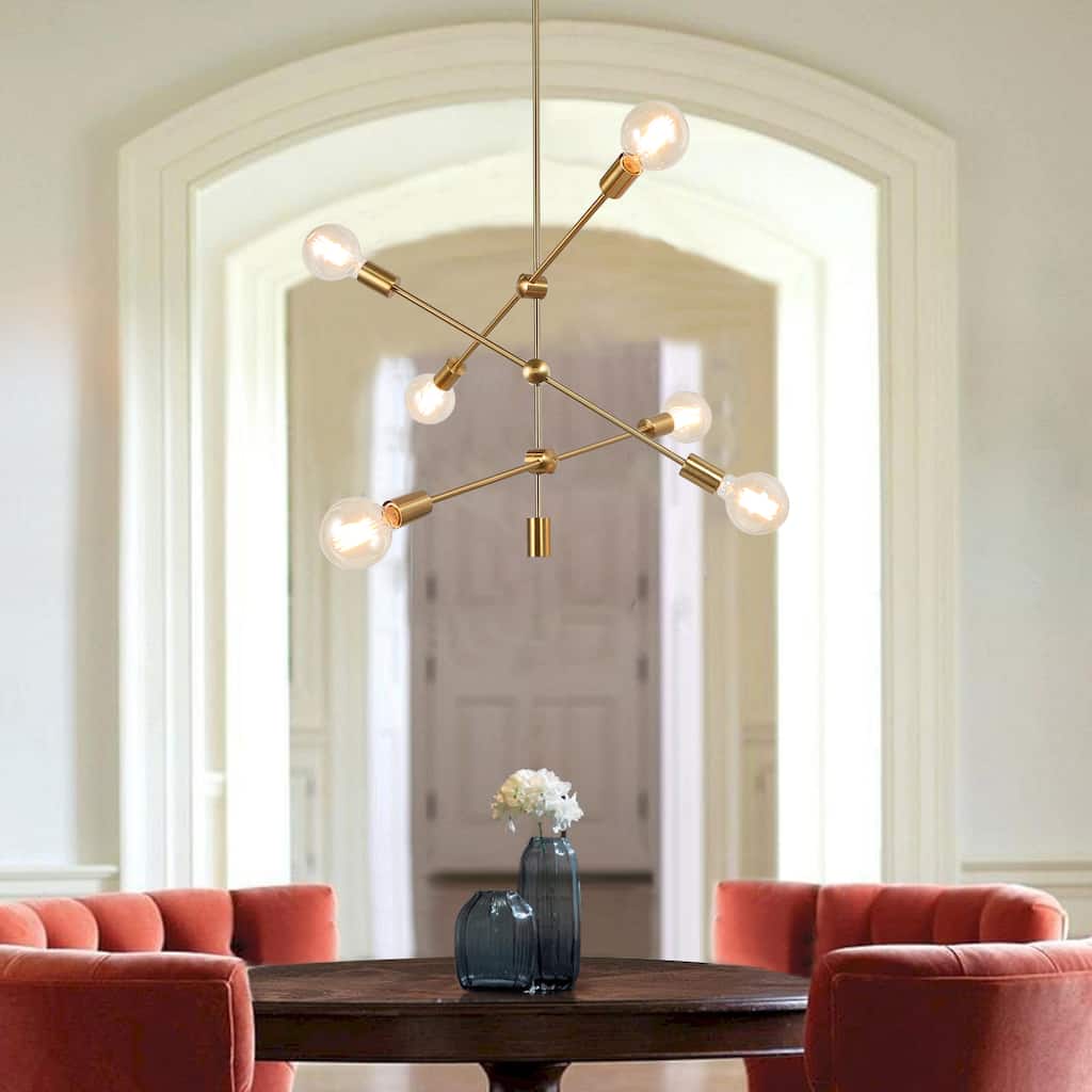 Modern Sputnik Chandelier Electroplated Gold 6-Light Rotating Arms for Kitchen Island